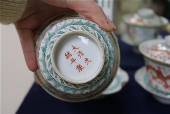 A pair of chinese famille rose dragon and phoenix rice bowls, c.1900 (9 pieces) height 10.5cm